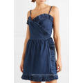 Été Spaghetti Strap Ruffled Denim Wrap Mini Dress Fabrication en gros Mode Femmes Vêtements (TA0309D)